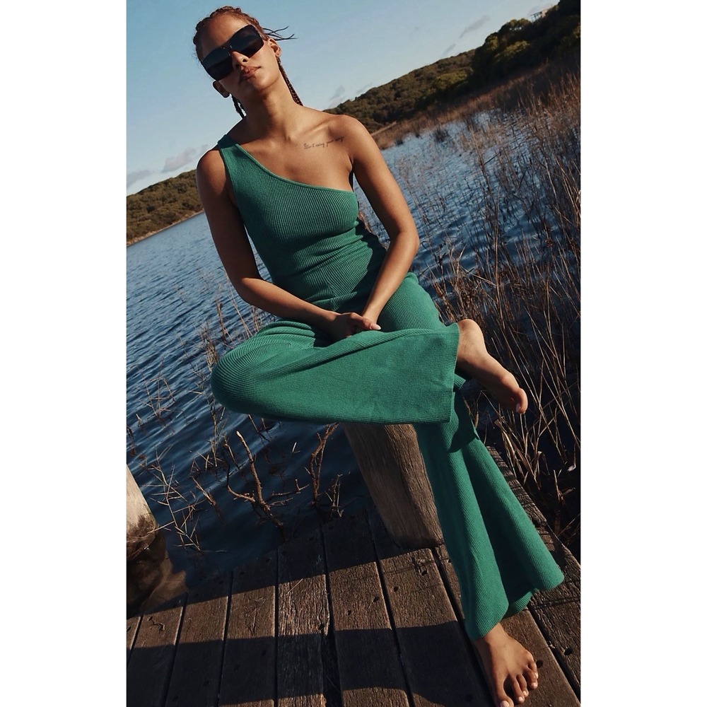 Free People Beach Jumpsuit XS S Green One Shoulder Ribbed Knit Wide Leg Boho
